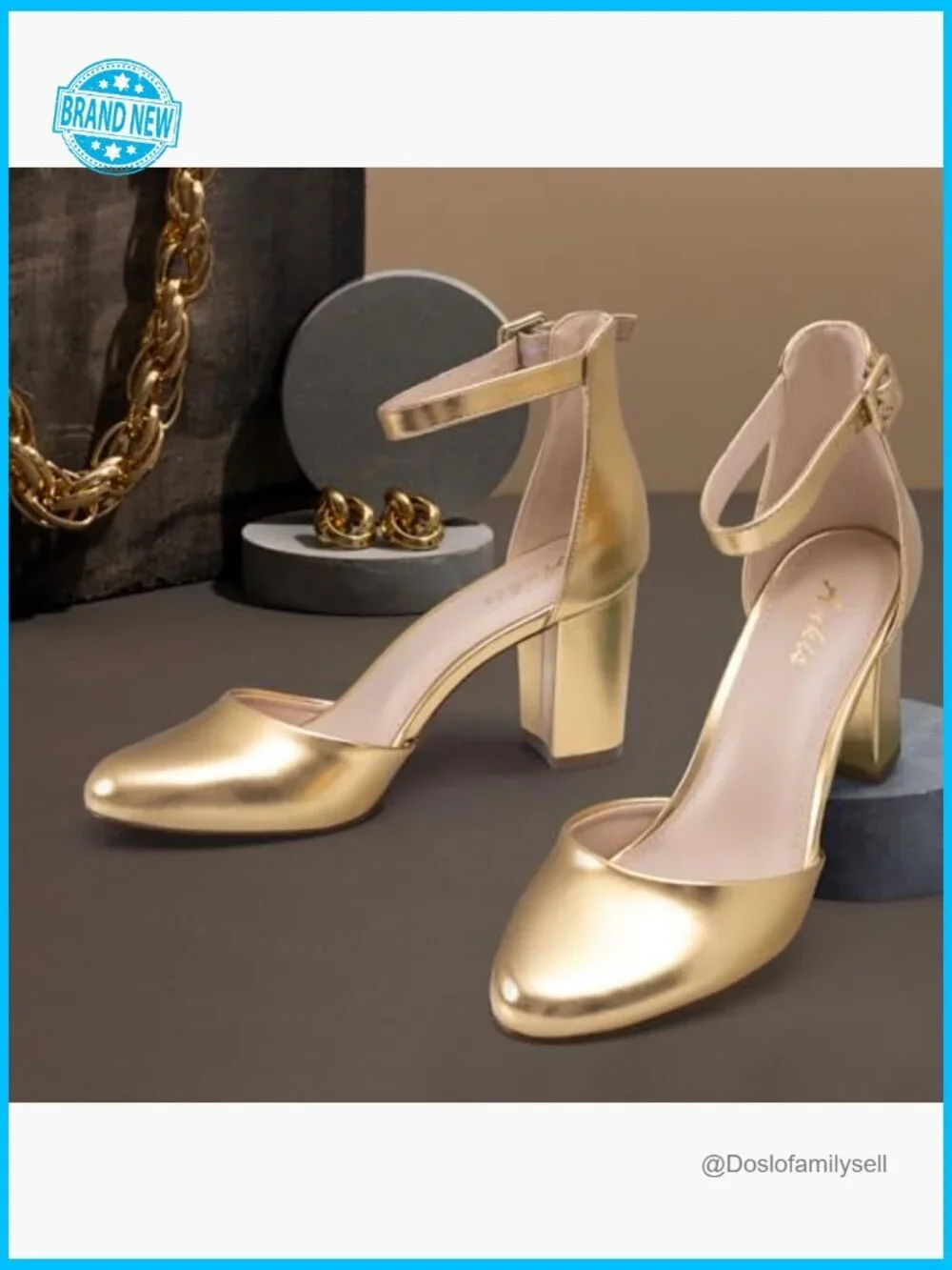 Chunky Block Heel Pumps Elegant Classic Closed Toe Adjustable Ankle Strap
